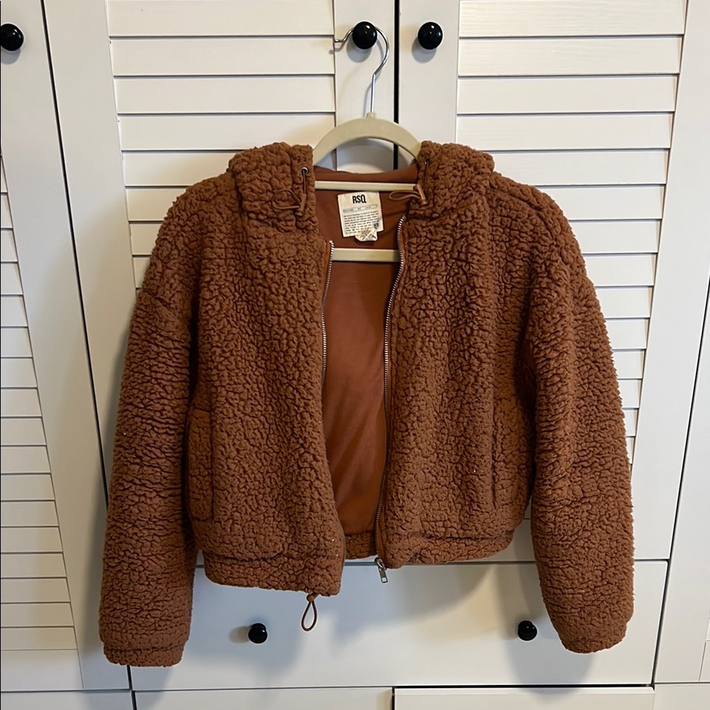 RSQ Brown Teddy Jacket with Cozy Texture and Cropped Design